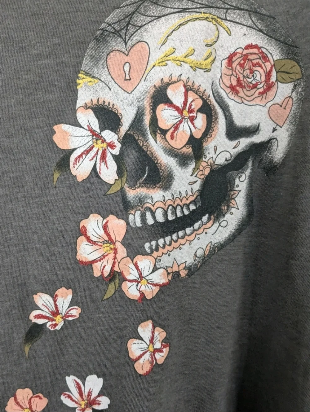 New Sz 3 Torrid Floral Embroidered Skull T-Shirt Charcoal Gray Short Sleeve Tee - Picture 3 of 4
